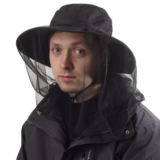Black Outdoor Mosquito Head Net Hat with 40cm Mesh Shield - Wide Brim Sun Protection Bucket Hat for Fishing and Hiking - Quick Dry Breathable Cap