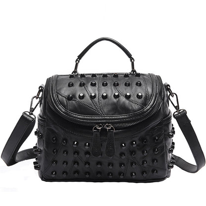 Women's Black Studded Handbag Soft PU Leather Crossbody Shoulder Bag with Rivets Trendy Box Purse 22cm for Travel Party