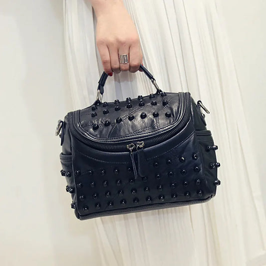 Women's Black Studded Handbag Soft PU Leather Crossbody Shoulder Bag with Rivets Trendy Box Purse 22cm for Travel Party - Image 3