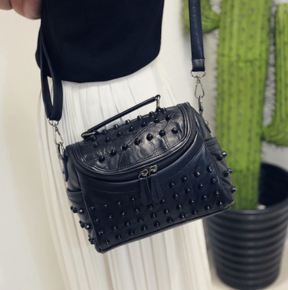Women's Black Studded Handbag Soft PU Leather Crossbody Shoulder Bag with Rivets Trendy Box Purse 22cm for Travel Party - Image 6