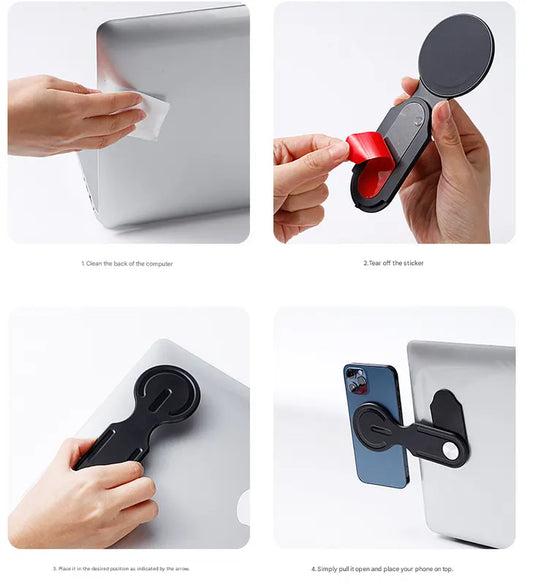 White Magnetic Laptop Phone Holder Side Mount Expansion Bracket Slim 6mm Foldable Stand with Metal Ring for Dual Screen Work Office Setup - Image 2