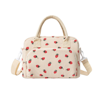 Beige Women's Large Corduroy Lunch Bag Insulated Thermal Tote Strawberry Print with Shoulder Strap for Work School & Picnics