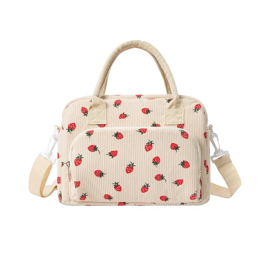 Beige Women's Large Corduroy Lunch Bag Insulated Thermal Tote Strawberry Print with Shoulder Strap for Work School & Picnics