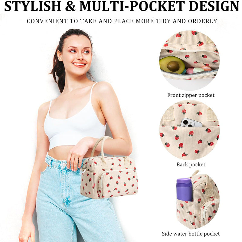 Beige Women's Large Corduroy Lunch Bag Insulated Thermal Tote Strawberry Print with Shoulder Strap for Work School & Picnics - Image 3