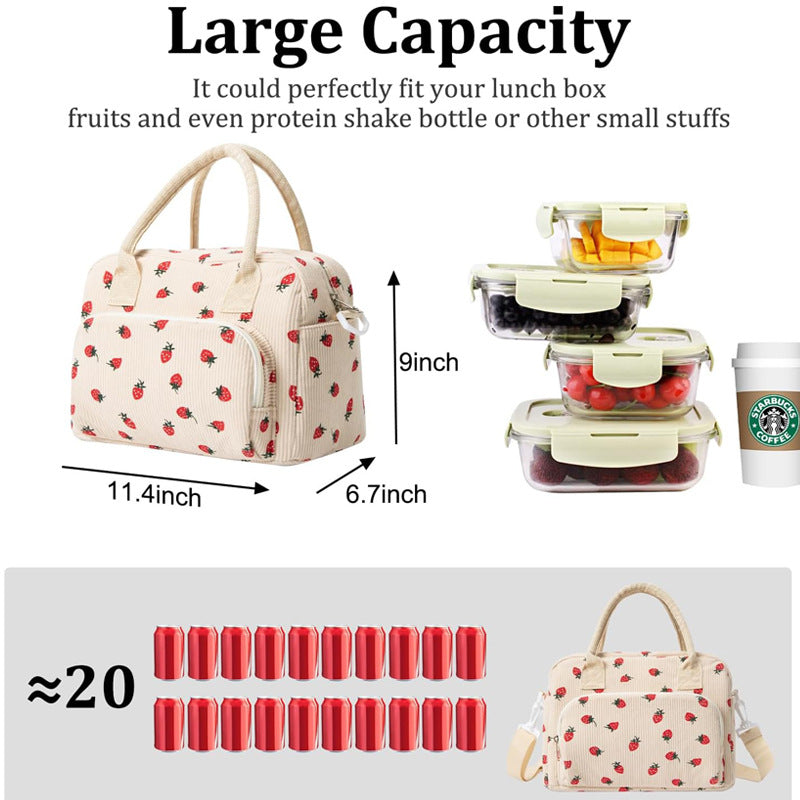 Pink Women's Large Corduroy Lunch Bag Insulated Thermal Tote Strawberry Print with Shoulder Strap for Work School & Picnics - Image 2