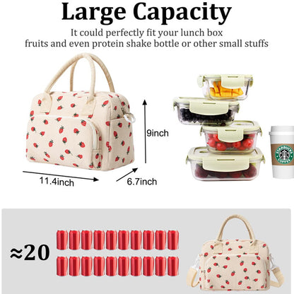 Pink Women's Large Corduroy Lunch Bag Insulated Thermal Tote Strawberry Print with Shoulder Strap for Work School & Picnics - Image 2