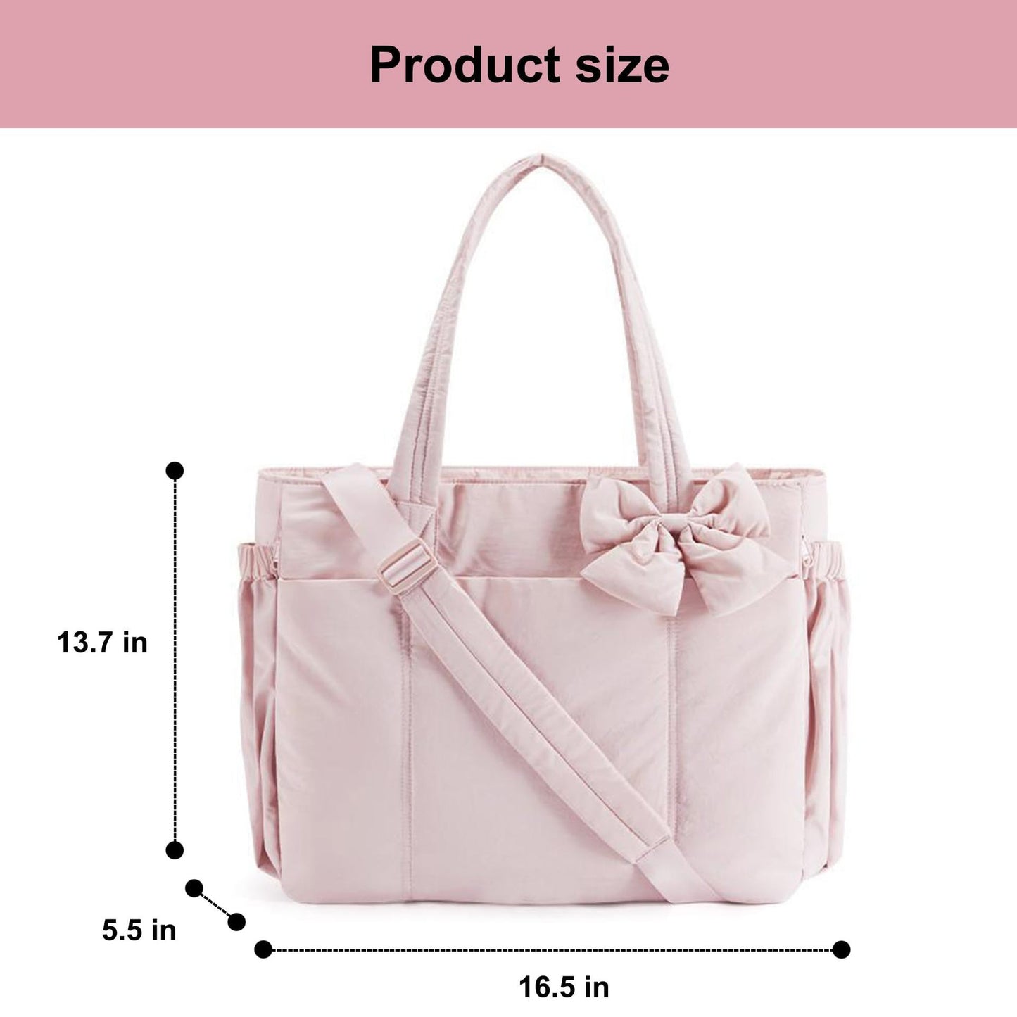 Pink Women's Quilted Puffer Tote Bag Large Capacity Lightweight Bow Handbag with Shoulder Strap 42cm for Gym Travel & Baby Care - Image 2