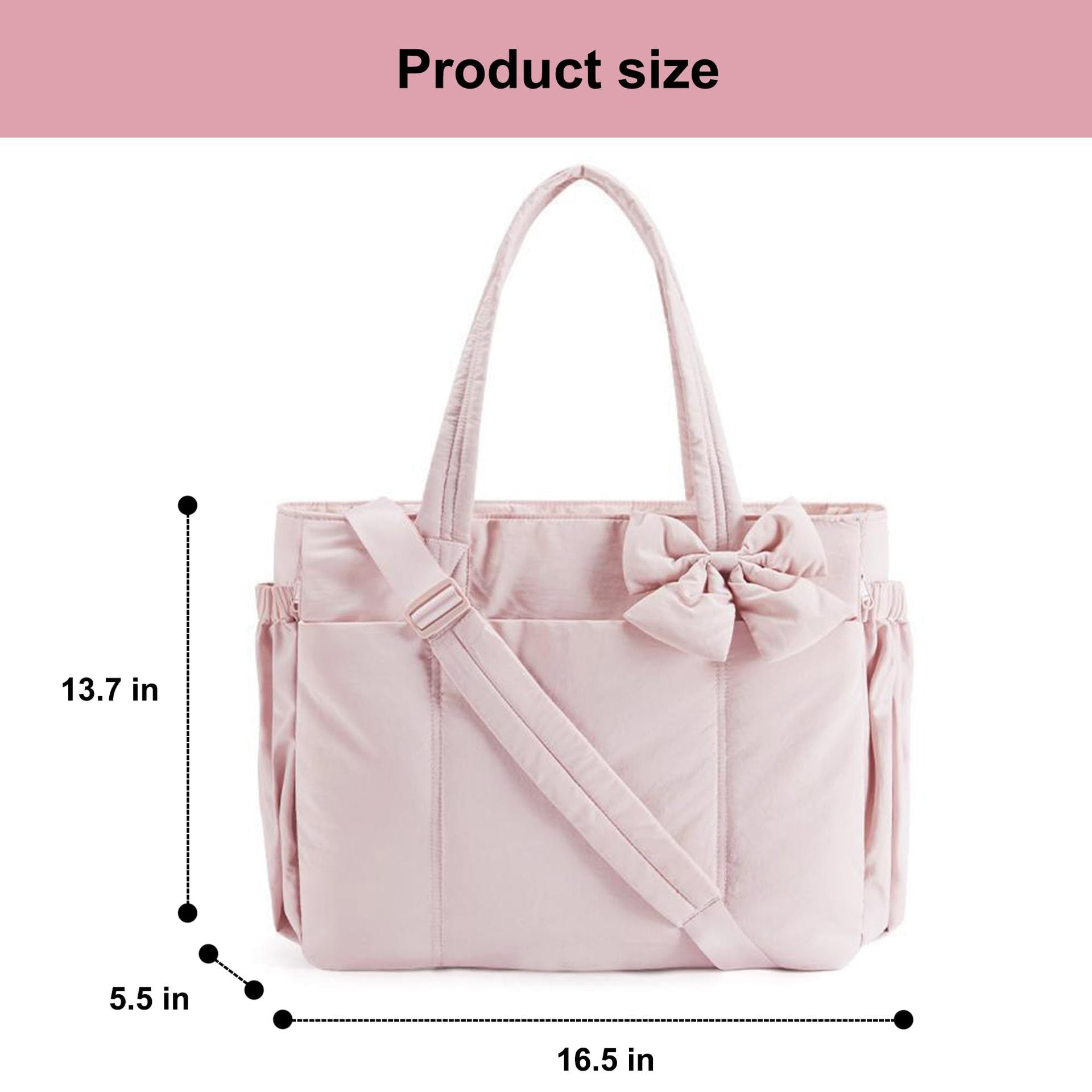 Pink Women's Quilted Puffer Tote Bag Large Capacity Lightweight Bow Handbag with Shoulder Strap 42cm for Gym Travel & Baby Care - Image 2