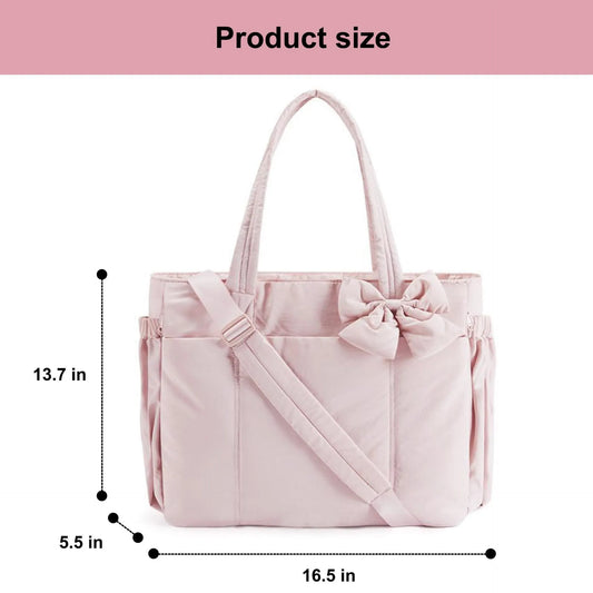 Pink Women's Quilted Puffer Tote Bag Large Capacity Lightweight Bow Handbag with Shoulder Strap 42cm for Gym Travel & Baby Care - Image 2