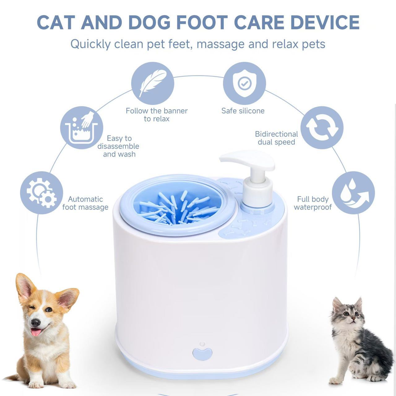 Blue Electric Pet Paw Cleaner Automatic Dog Foot Washer Cup with Built-in Soap Dispenser Soft Silicone Massage Bristles for Small Dogs & Cats - Image 2