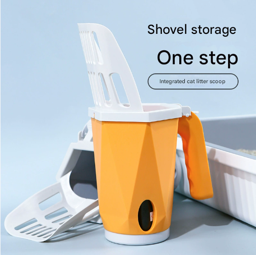 Yellow 2-in-1 Cat Litter Scoop with Attached Waste Bin Integrated Poop Scooper Holder Detachable Kit with 150 Degradable Bags - Image 2