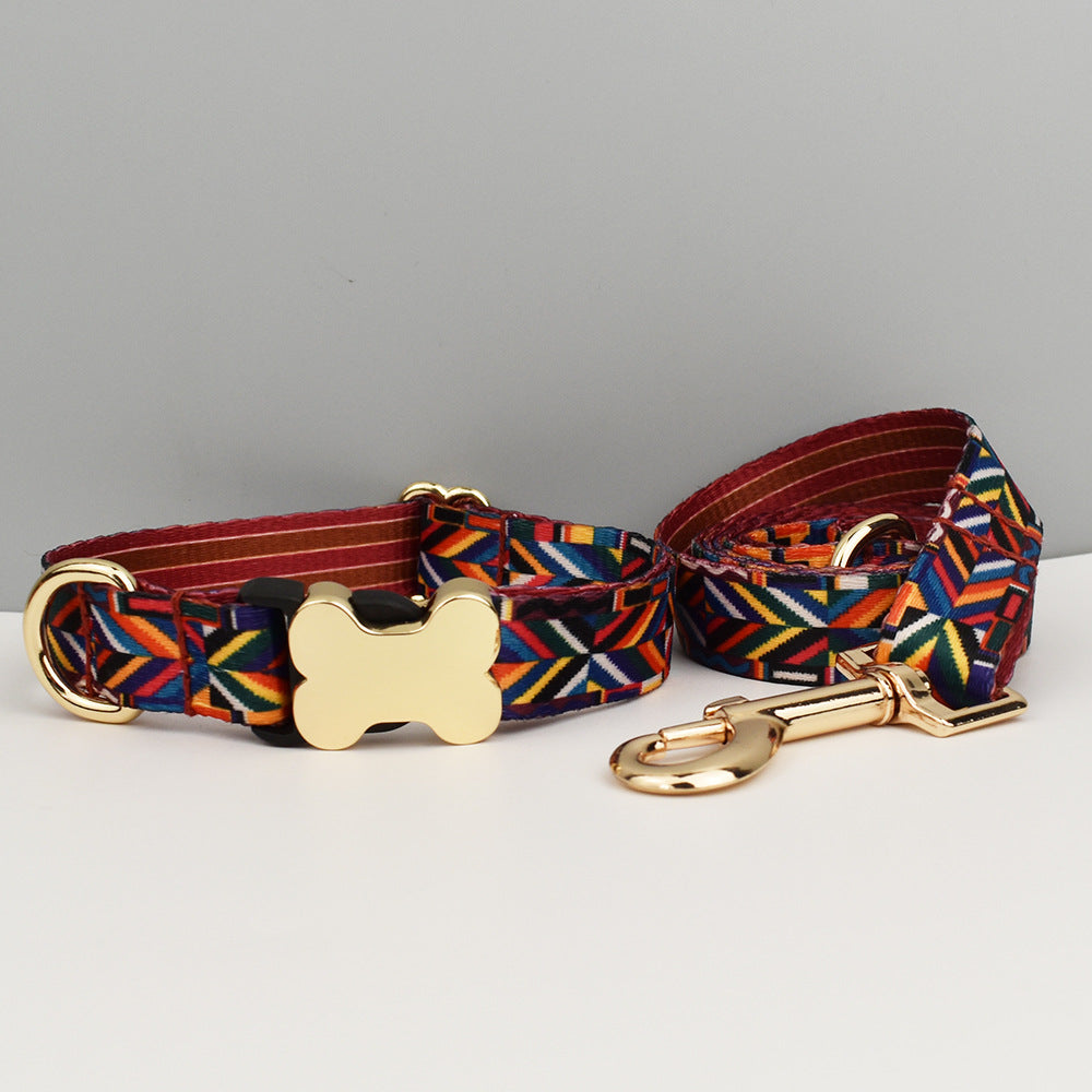 L Rainbow Boho Patterned Dog Collar with Gold Metal Bone Buckle Adjustable Tribal & Leopard Print Neck Strap for Puppies & Dogs