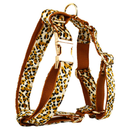 S Luxury 5 Piece Dog Harness and Collar Set Leopard Print with Leash Bow Tie & Waste Bag Holder Gold Metal Buckle Walking Gear - Image 5