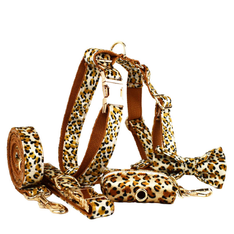 M Luxury 5 Piece Dog Harness and Collar Set Leopard Print with Leash Bow Tie & Waste Bag Holder Gold Metal Buckle Walking Gear