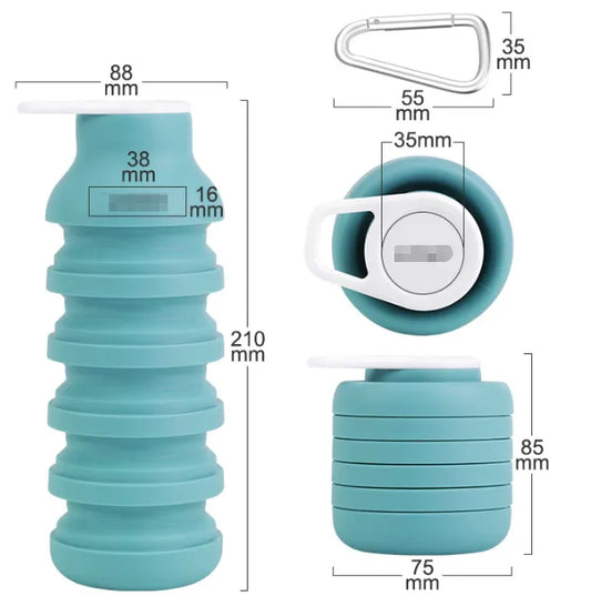 Light Blue Collapsible Silicone Water Bottle Portable Travel Sports Cup with Carabiner Clip Foldable Design for Camping Hiking & Gym Teal - Image 2