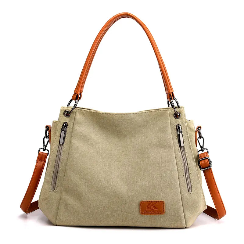 Khaki Women's Canvas Hobo Handbag Large Shoulder Tote Bag Adjustable Crossbody Strap Casual Purse 40cm for Work School Travel