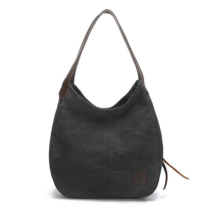 Black Women's Canvas Hobo Handbag Multi-Compartment Shoulder Tote Bag Minimalist Casual Purse 30cm for Work Shopping & Travel