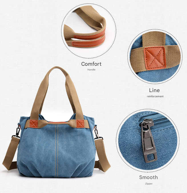 Khaki Women's Retro Canvas Tote Bag Large Capacity Shoulder Handbag Adjustable Crossbody Strap 35cm for Travel Work & Daily Use - Image 2