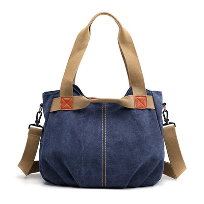 Dark Blue Women's Retro Canvas Tote Bag Large Capacity Shoulder Handbag Adjustable Crossbody Strap 35cm for Travel Work & Daily Use