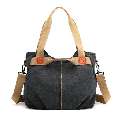 Black Women's Retro Canvas Tote Bag Large Capacity Shoulder Handbag Adjustable Crossbody Strap 35cm for Travel Work & Daily Use