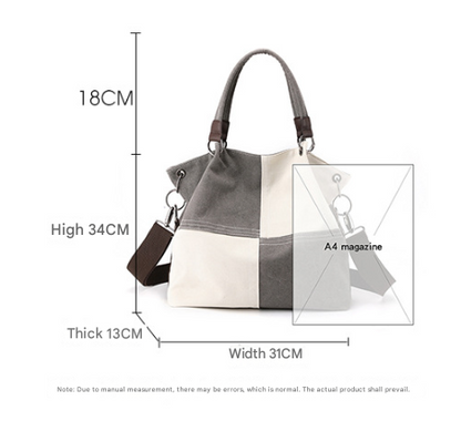 Blue Women's Canvas Patchwork Tote Bag Large Capacity Shoulder Handbag Fits A4 Magazine Adjustable Crossbody Strap 34cm for Work & School - Image 2