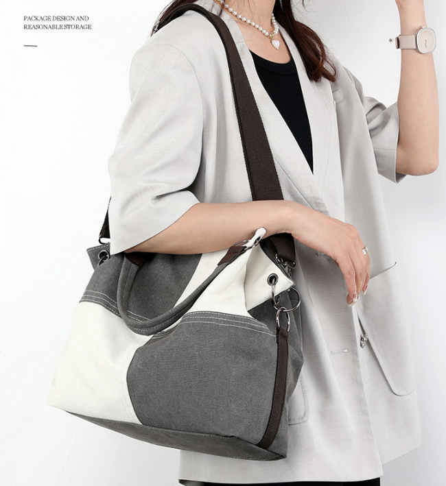 Blue Women's Canvas Patchwork Tote Bag Large Capacity Shoulder Handbag Fits A4 Magazine Adjustable Crossbody Strap 34cm for Work & School - Image 3