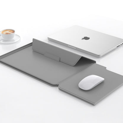 3-in-1 Detachable PU Leather Laptop Sleeve with Ergonomic Stand & Mouse Pad(grey  13/14 inch)