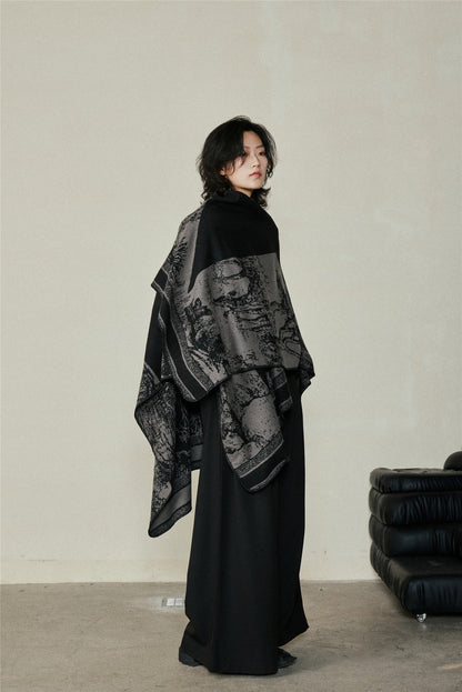 Faux Cashmere Shawl (Qingming Scroll Print) - Orange Blue, 160*135cm - Image 6