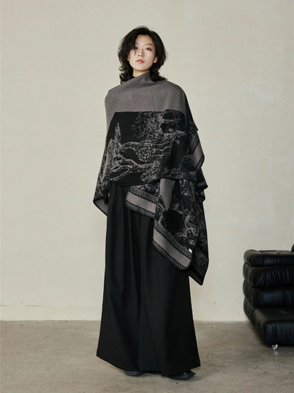 Faux Cashmere Shawl (Qingming Scroll Print) - Black Red, 160*135cm - Image 2