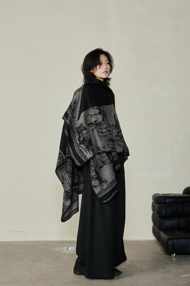 Faux Cashmere Shawl (Qingming Scroll Print) - Black Red, 160*135cm - Image 6