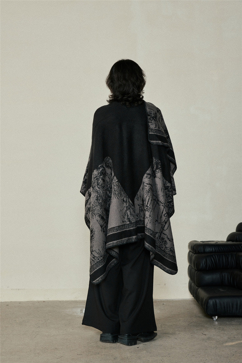 Faux Cashmere Shawl (Qingming Scroll Print) - Yellow Brown, 160*135cm - Image 4
