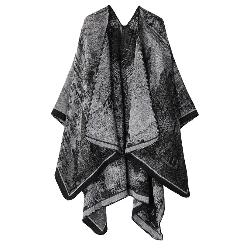 Faux Cashmere Shawl (Qingming Scroll Print) - Black Gray, 160*135cm