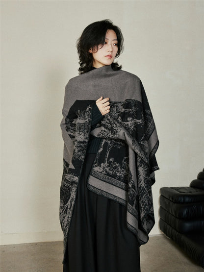 Faux Cashmere Shawl (Qingming Scroll Print) - Black Gray, 160*135cm - Image 3