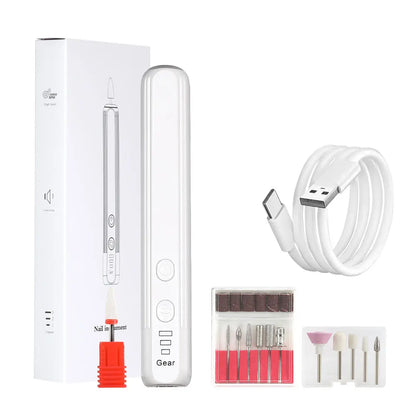 White Pro Portable Electric Nail Drill Kit With 10 Bits - Fast, Quiet, Rechargeable - Image 3