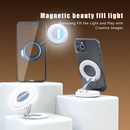 Black 2-in-1 Folding Portable Selfie Light and Magnetic Phone Stand - Vlogging Ring Light with Adjustable Kickstand, Three-Color Soft Light &  USB Rechargeable - Image 2