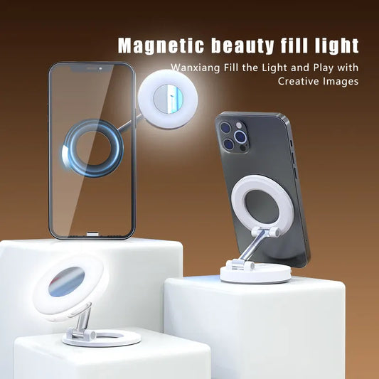 Black 2-in-1 Folding Portable Selfie Light and Magnetic Phone Stand - Vlogging Ring Light with Adjustable Kickstand, Three-Color Soft Light &  USB Rechargeable - Image 2