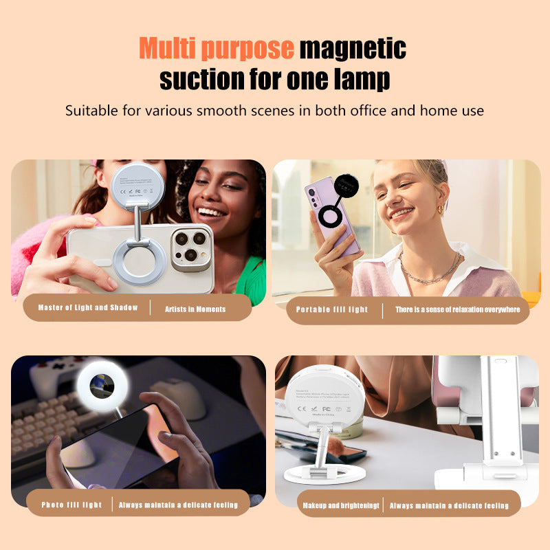 Black 2-in-1 Folding Portable Selfie Light and Magnetic Phone Stand - Vlogging Ring Light with Adjustable Kickstand, Three-Color Soft Light &  USB Rechargeable - Image 5