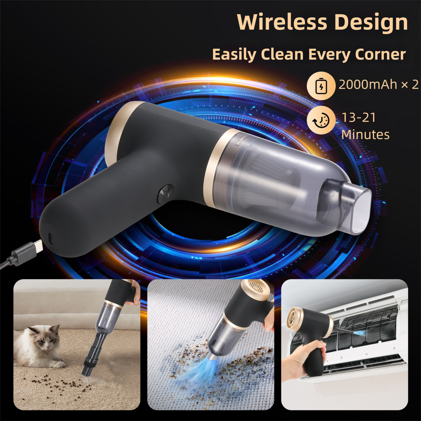 Black Portable 2-in-1 Cordless Vacuum Duster Kit with 2 Attachments - Image 3