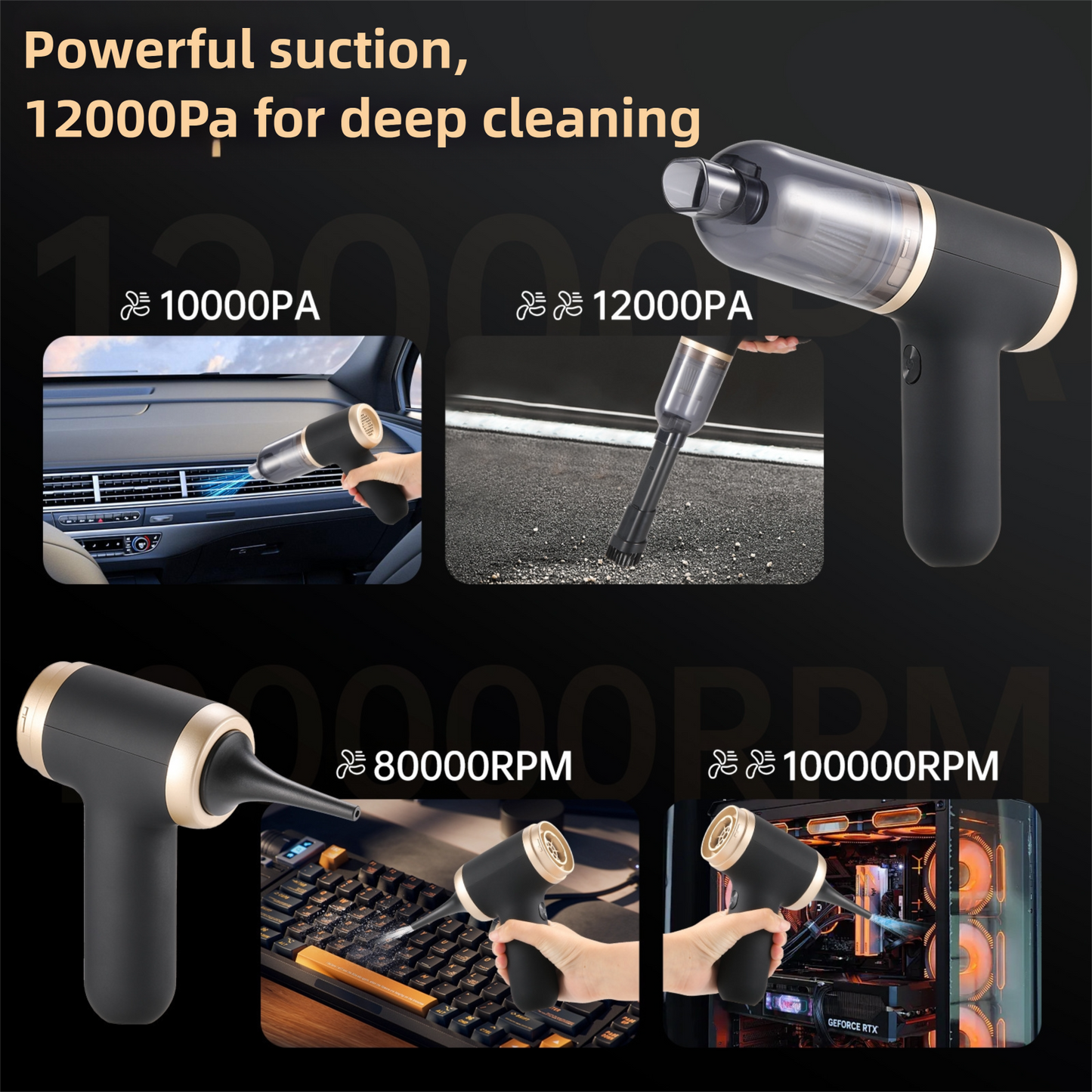 Black Portable 2-in-1 Cordless Vacuum Duster Kit with 2 Attachments - Image 4