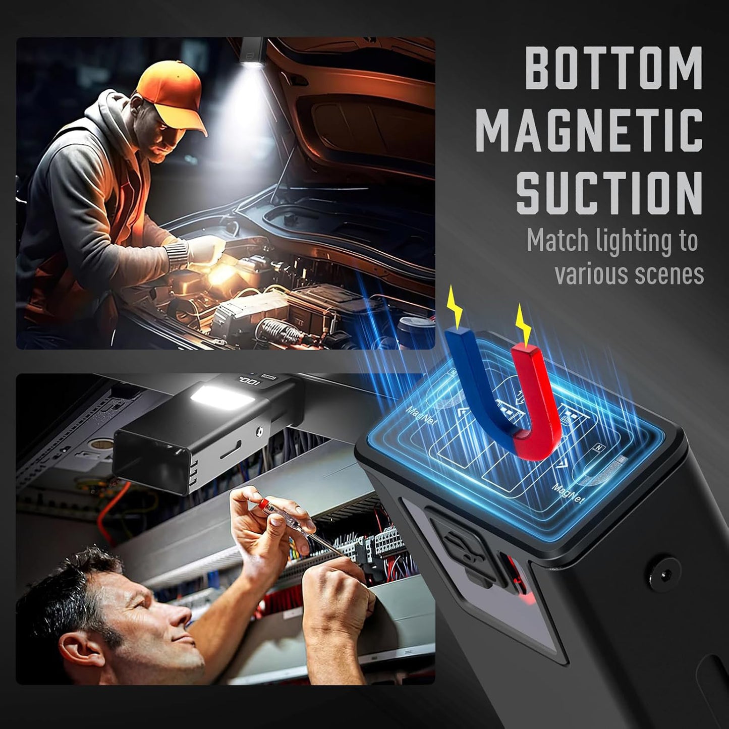 Black Magnetic Flashlight: Spotlight, COB Flood,  Red&Blue Warning - Image 2