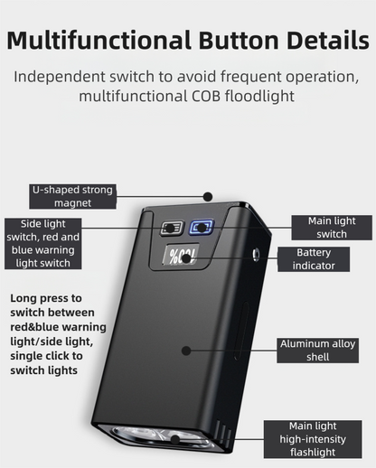Black Magnetic Flashlight: Spotlight, COB Flood,  Red&Blue Warning - Image 5