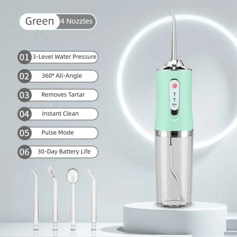 Green Cordless Water Flosser, USB Rechargeable with 4 Tips