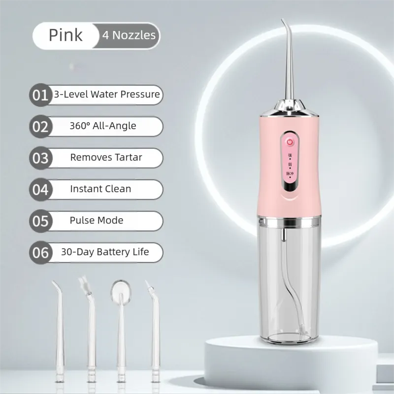 Pink Cordless Water Flosser, USB Rechargeable with 4 Tips