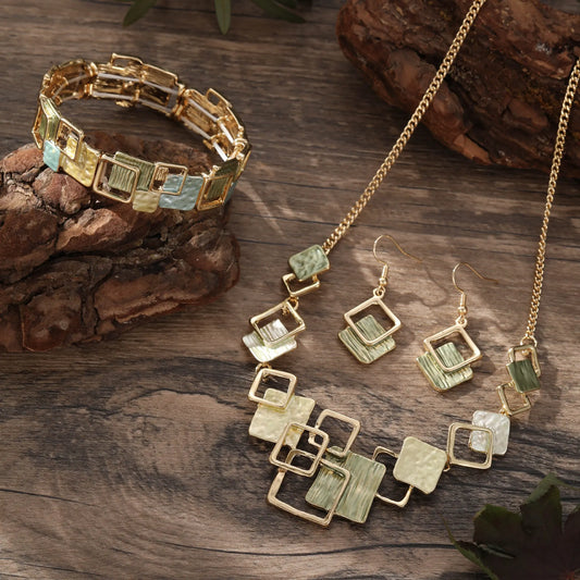 Geometric Inlay Earrings Necklace Bracelet Jewelry Set × 2 – Peacock Green & Light Green - Image 2