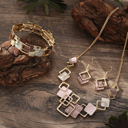 Geometric Inlay Earrings Necklace Bracelet Jewelry Set × 2 – Peacock Green & Brown - Image 2