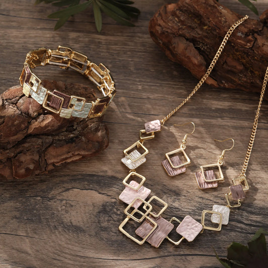 Geometric Inlay Earrings Necklace Bracelet Jewelry Set × 2 – Peacock Green & Brown - Image 2