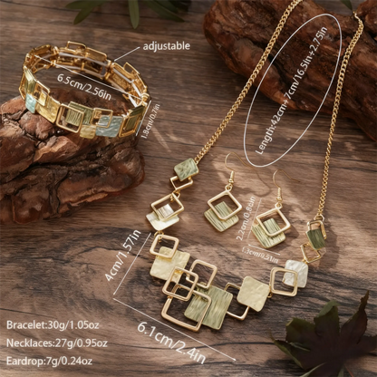 Geometric Inlay Earrings Necklace Bracelet Jewelry Set × 2 – Peacock Green & Pink - Image 3