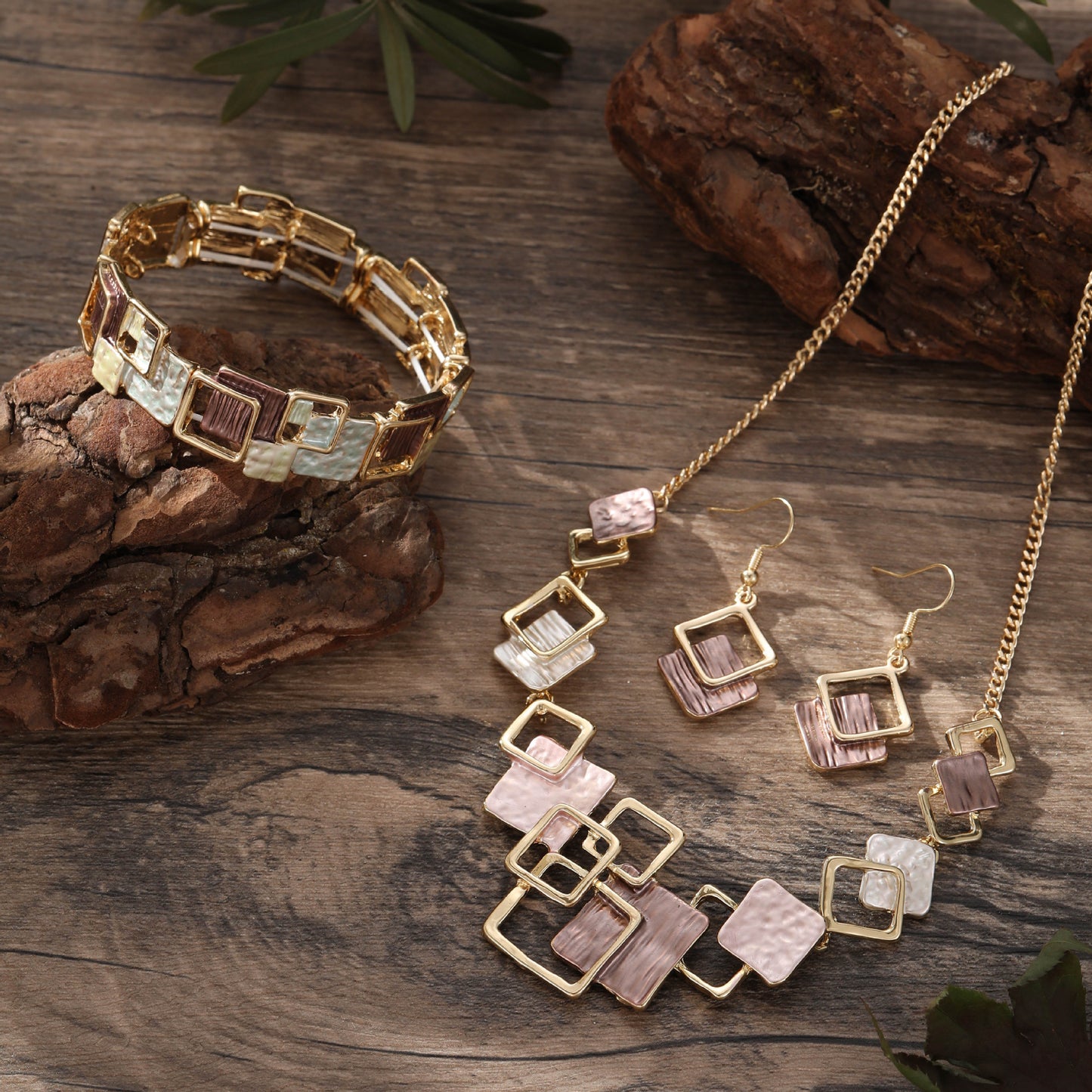 Geometric Inlay Earrings Necklace Bracelet Jewelry Set × 2 – Light Green & Brown - Image 2