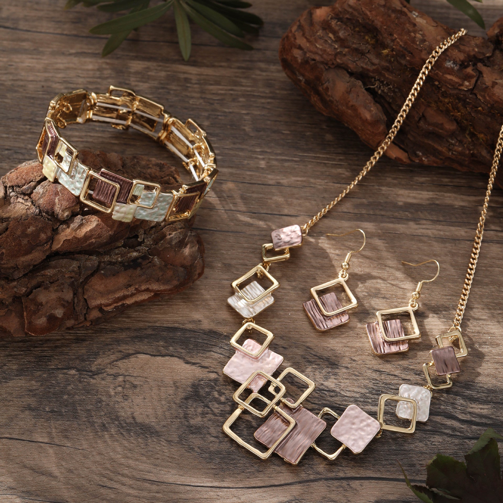 Geometric Inlay Earrings Necklace Bracelet Jewelry Set × 2 – Light Green & Brown - Image 2