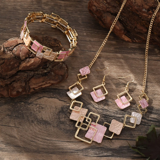 Geometric Inlay Earrings Necklace Bracelet Jewelry Set × 2 – Brown & Pink - Image 2